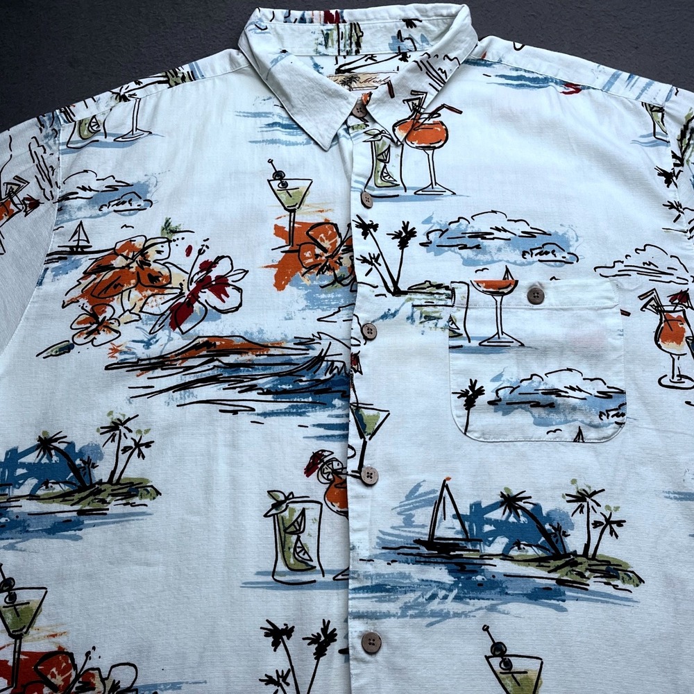 Joe Marlin Hawaiian Shirt XXL White Tropical Cocktail Island Print Cotton cruise
